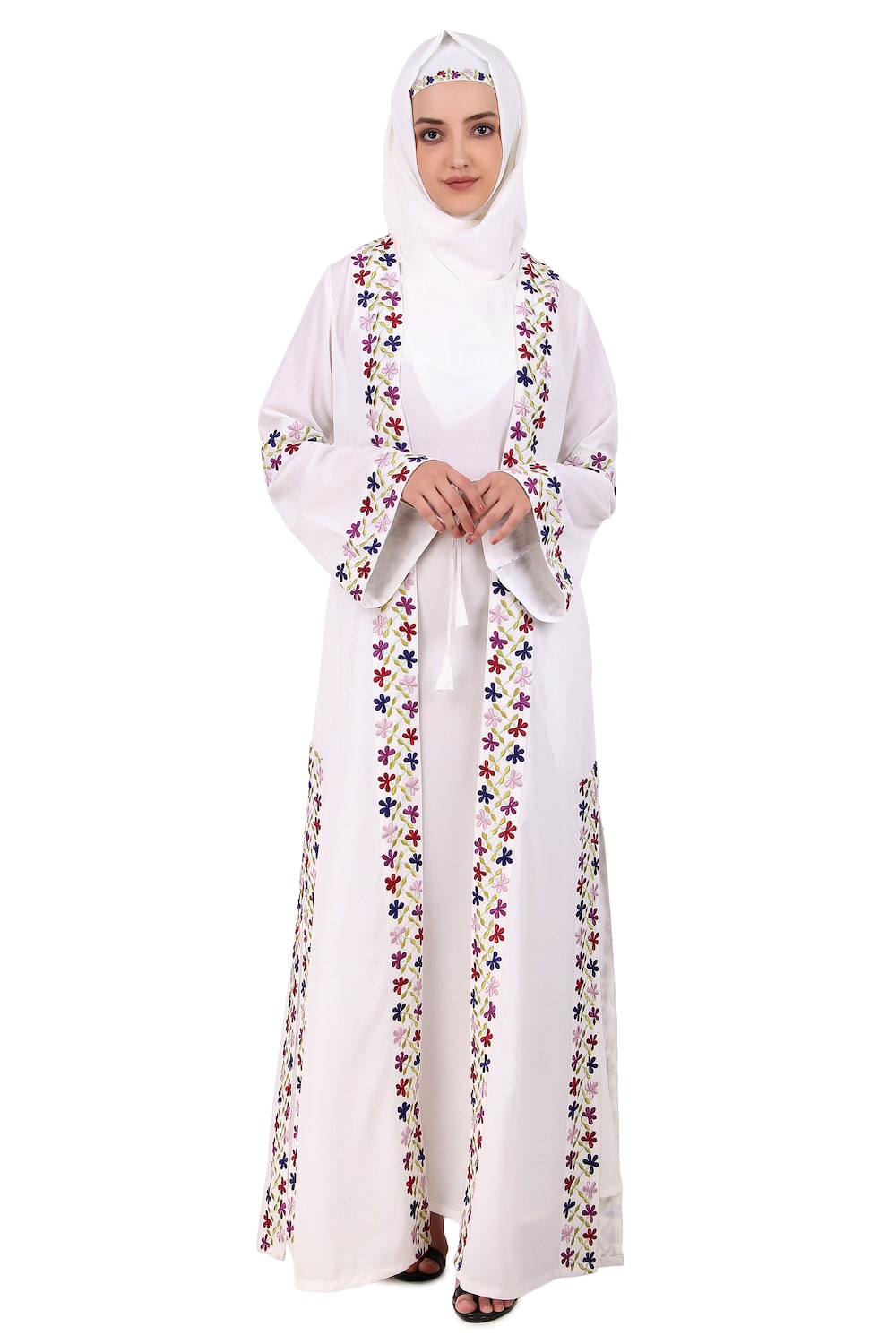 Heavy Embroidered Front Open White Abaya