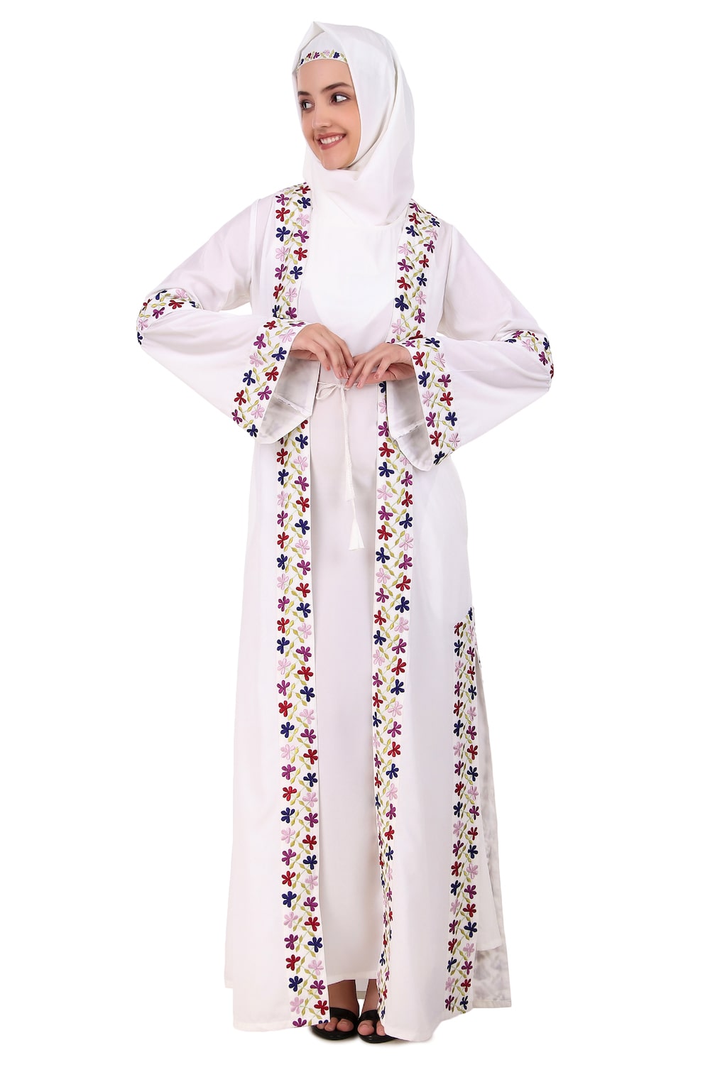Heavy Embroidered Front Open White Abaya