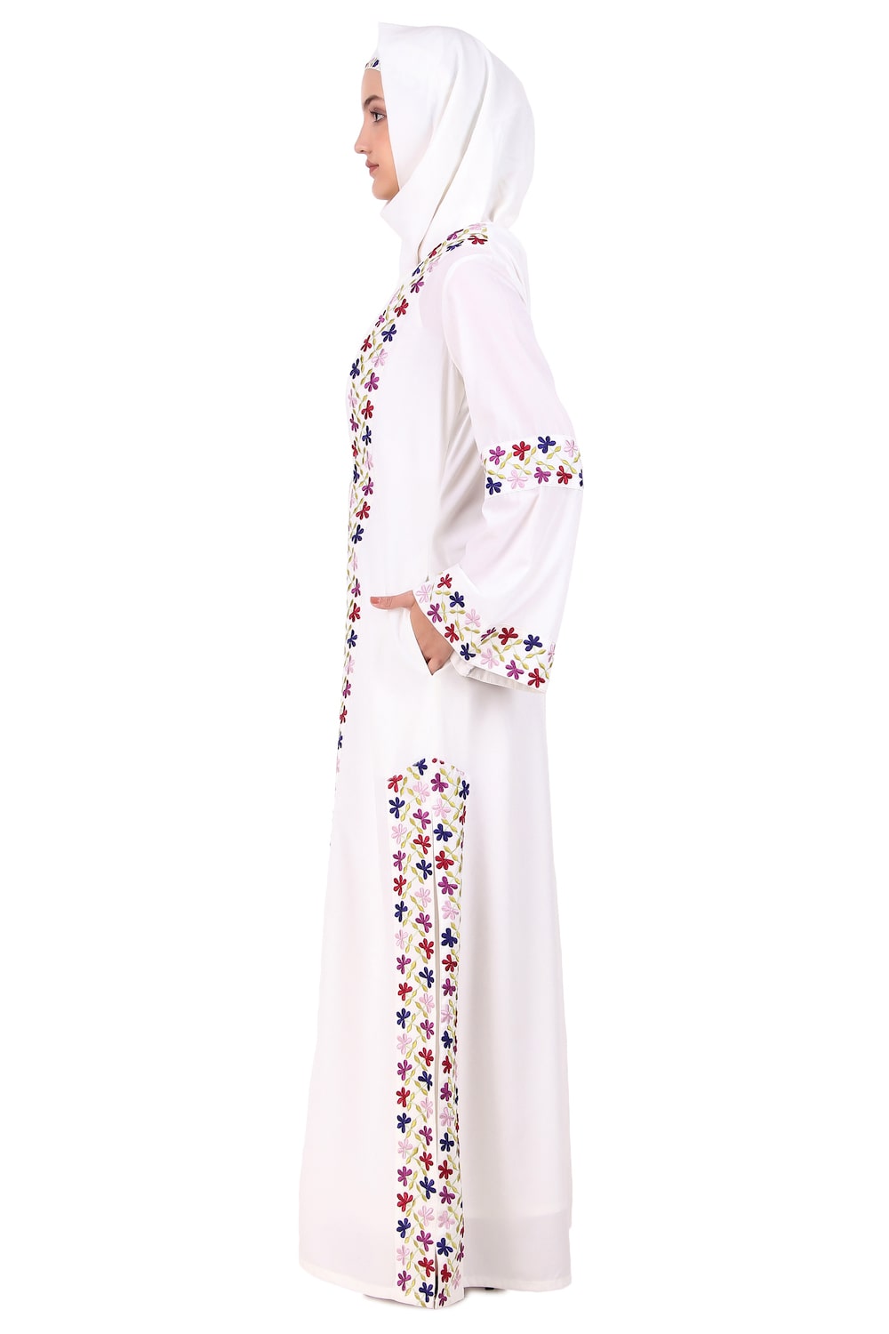 Heavy Embroidered Front Open White Abaya