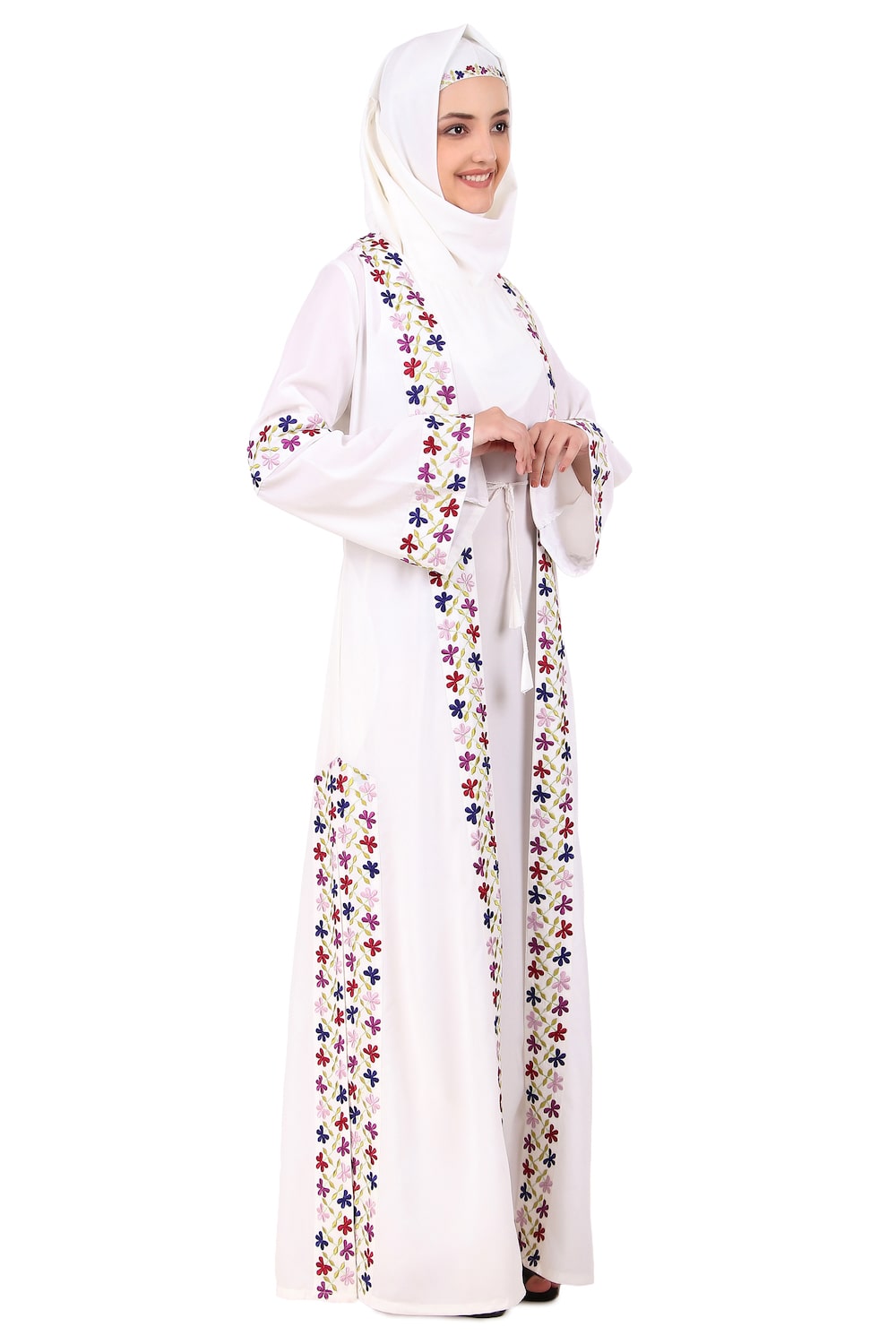 Heavy Embroidered Front Open White Abaya