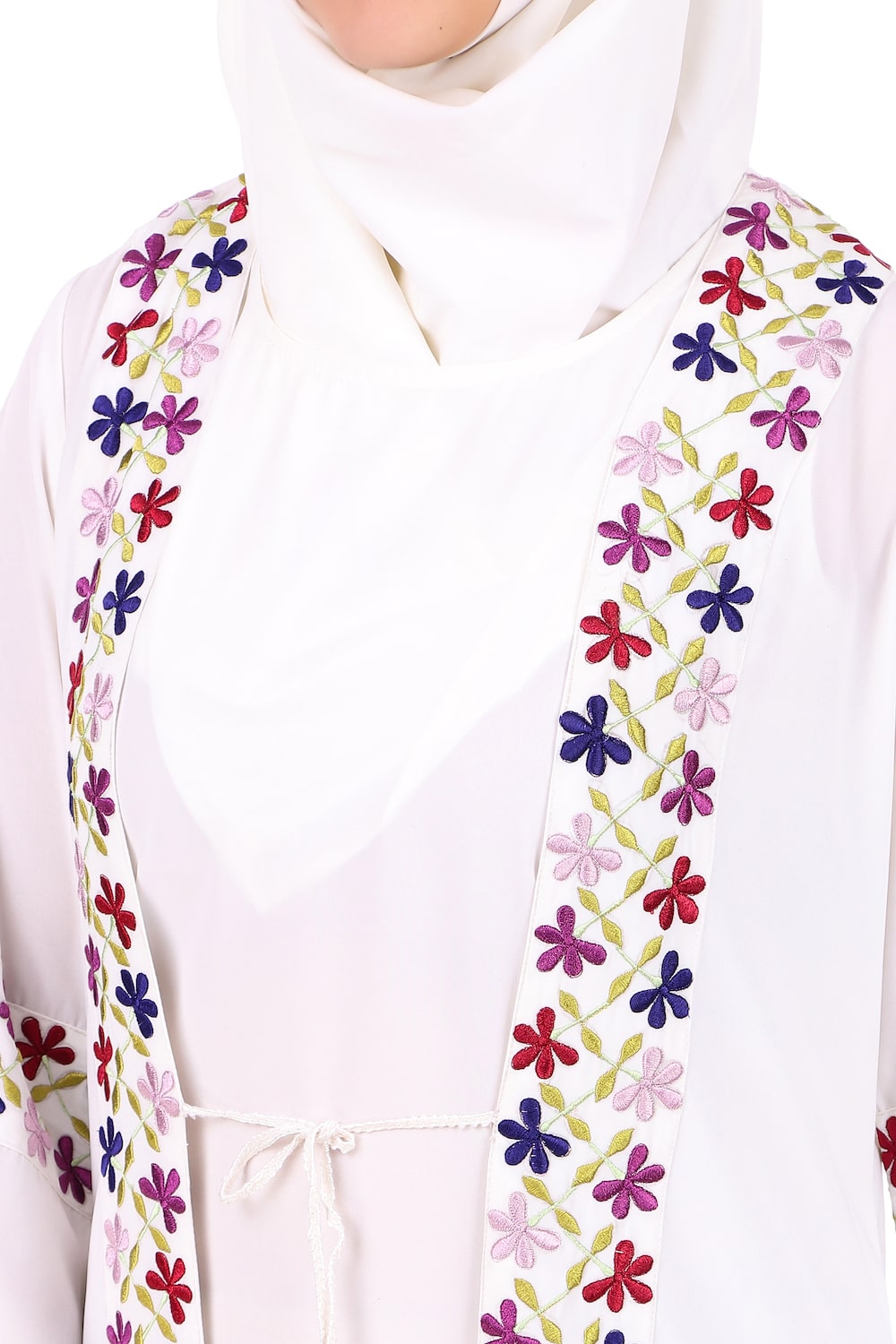 Heavy Embroidered Front Open White Abaya