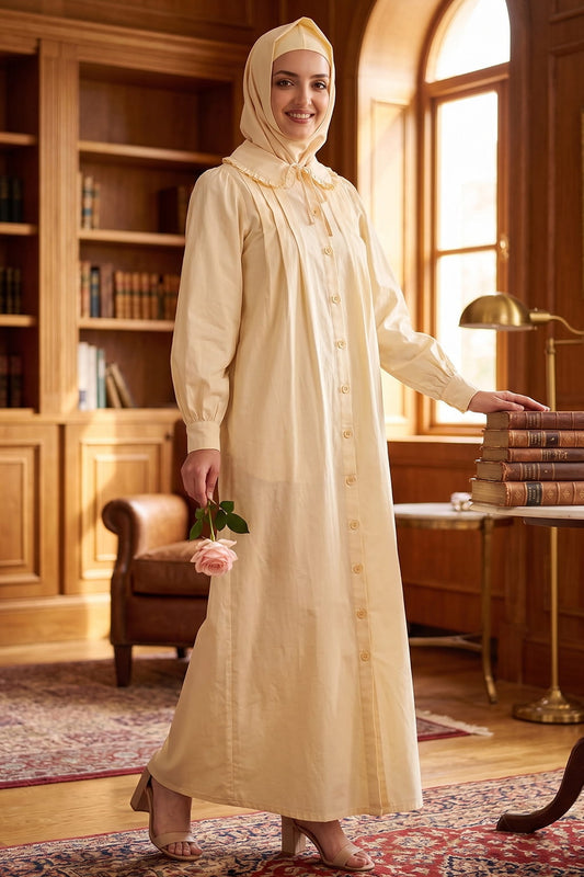 Front Open Cotton Cream Color Abaya