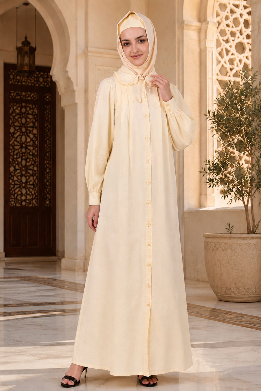 Front Open Cotton Cream Color Abaya