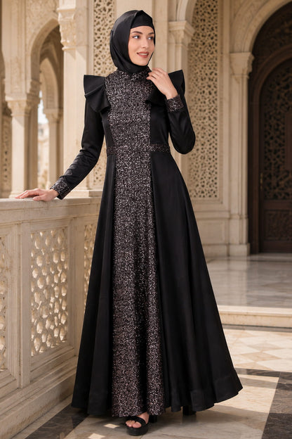 Sequence Embellished Black Satin Abaya