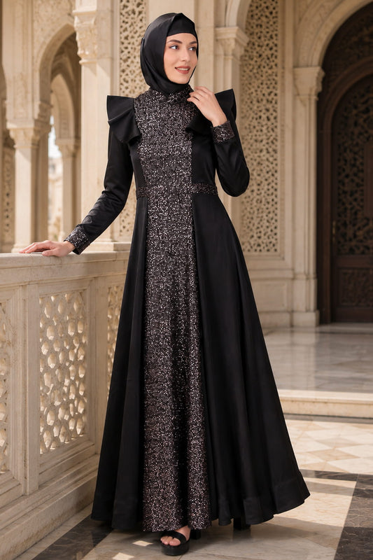 Sequence Embellished Black Satin Abaya