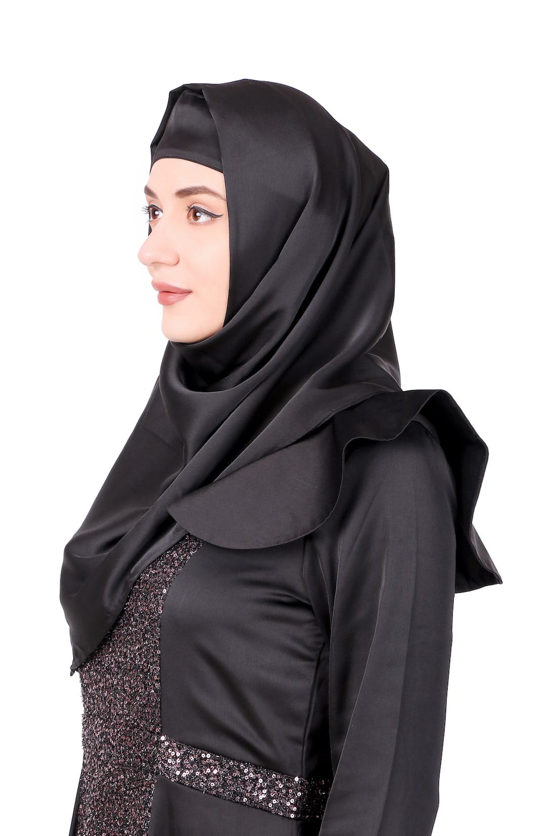 Sequence Embellished Black Satin Abaya