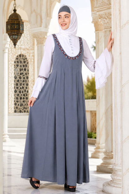 Dual Color Dungaree Look Embroidered Abaya