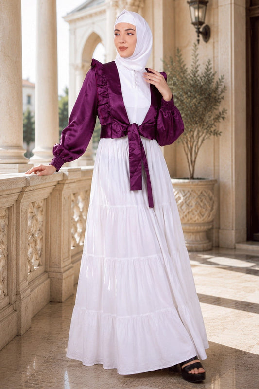 Multi Vertical Layer Abaya With Purple Satin Jacket