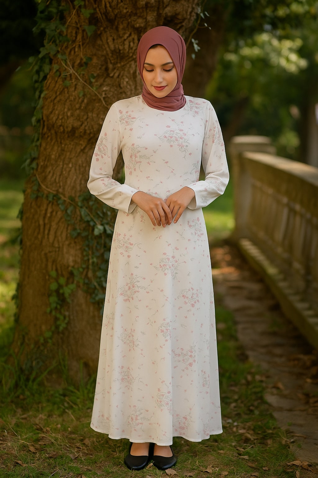Woman in a white lace dress and hijab standing outdoors near a tree