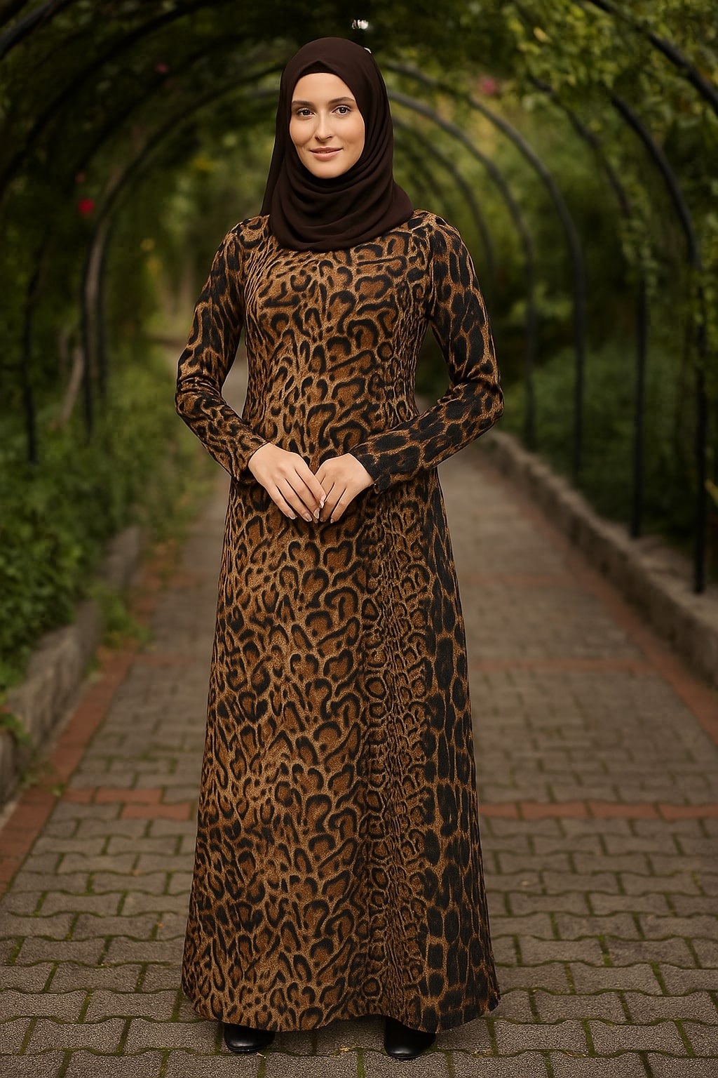 Woman wearing a leopard print dress and black hijab standing in a garden setting.