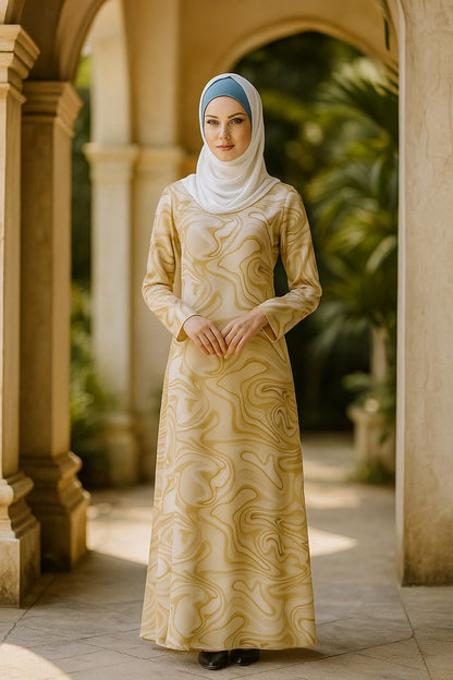 Woman in a patterned dress standing in an archway with greenery in the background