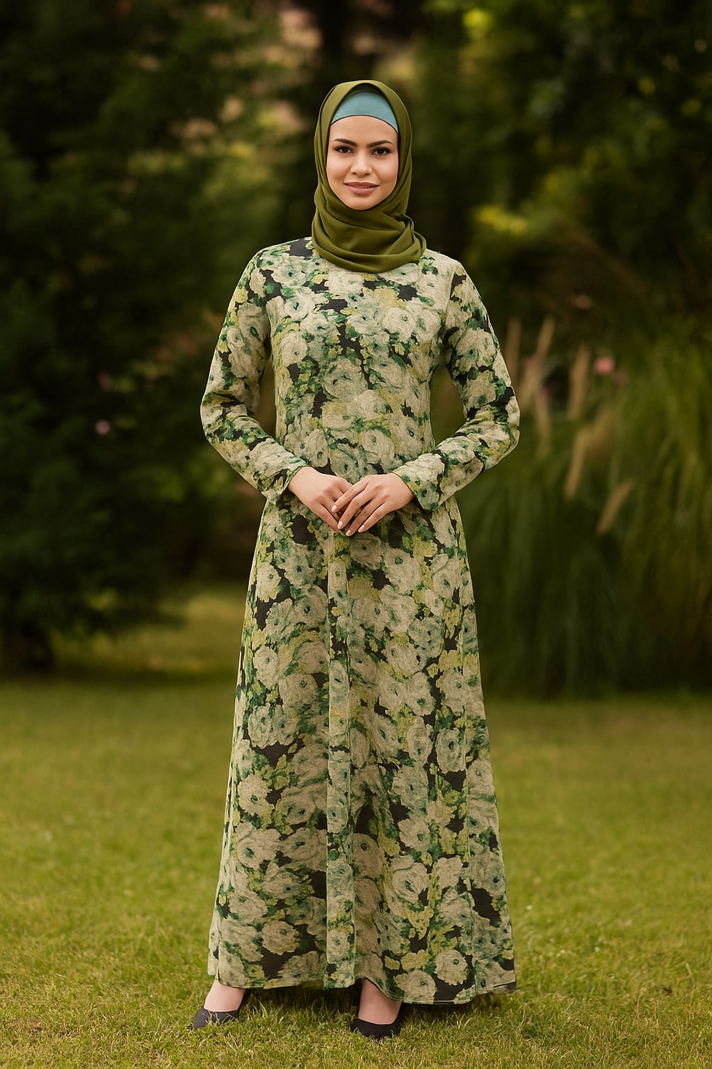 Woman wearing a green floral dress and hijab standing outdoors with greenery in the background