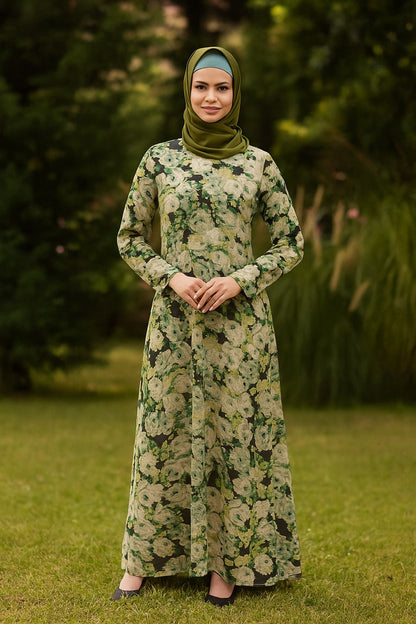 Woman wearing a green floral dress and hijab standing outdoors with greenery in the background