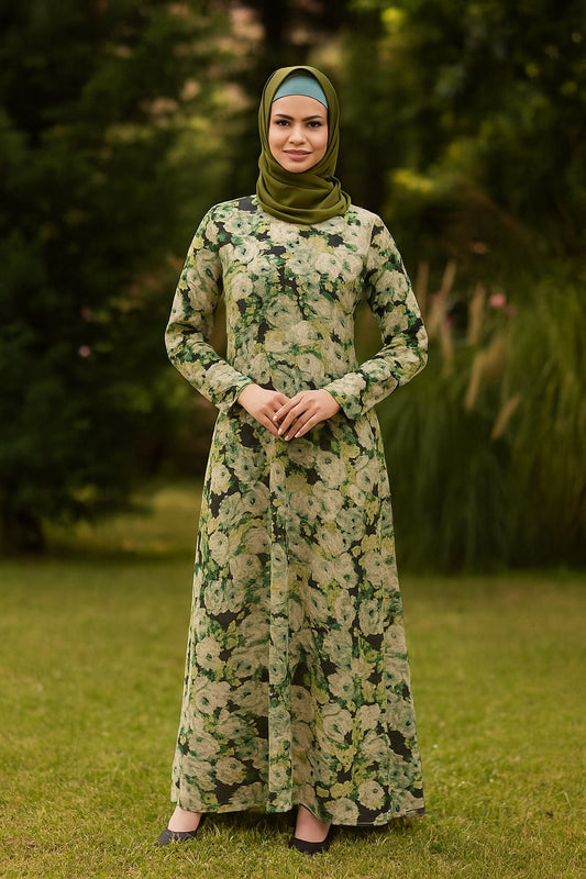Woman wearing a green floral dress and hijab standing outdoors with greenery in the background
