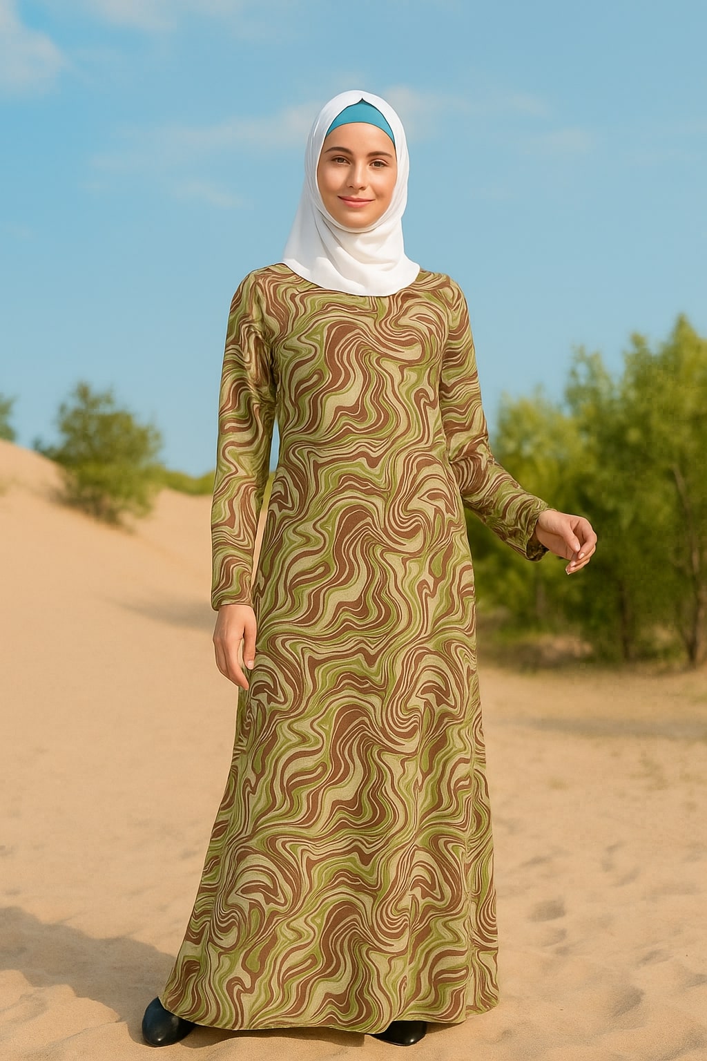 Woman wearing a long, patterned dress and hijab standing in a desert landscape.