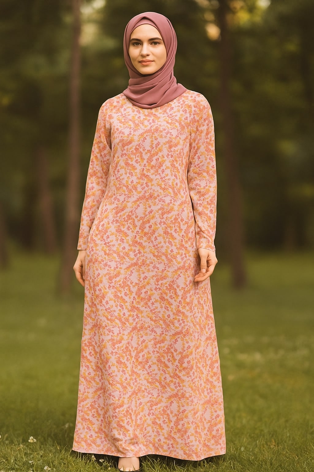 Woman wearing a patterned dress and hijab standing in a grassy area with trees.