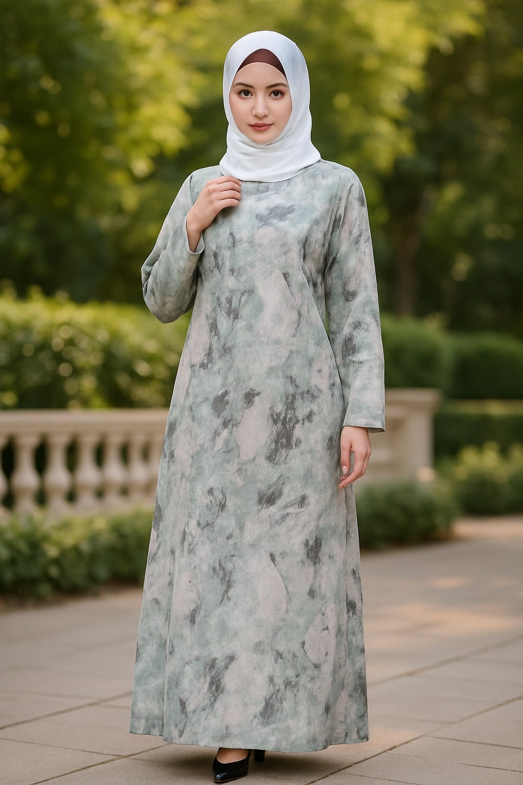 Woman wearing a long, patterned dress with a hijab in an outdoor setting