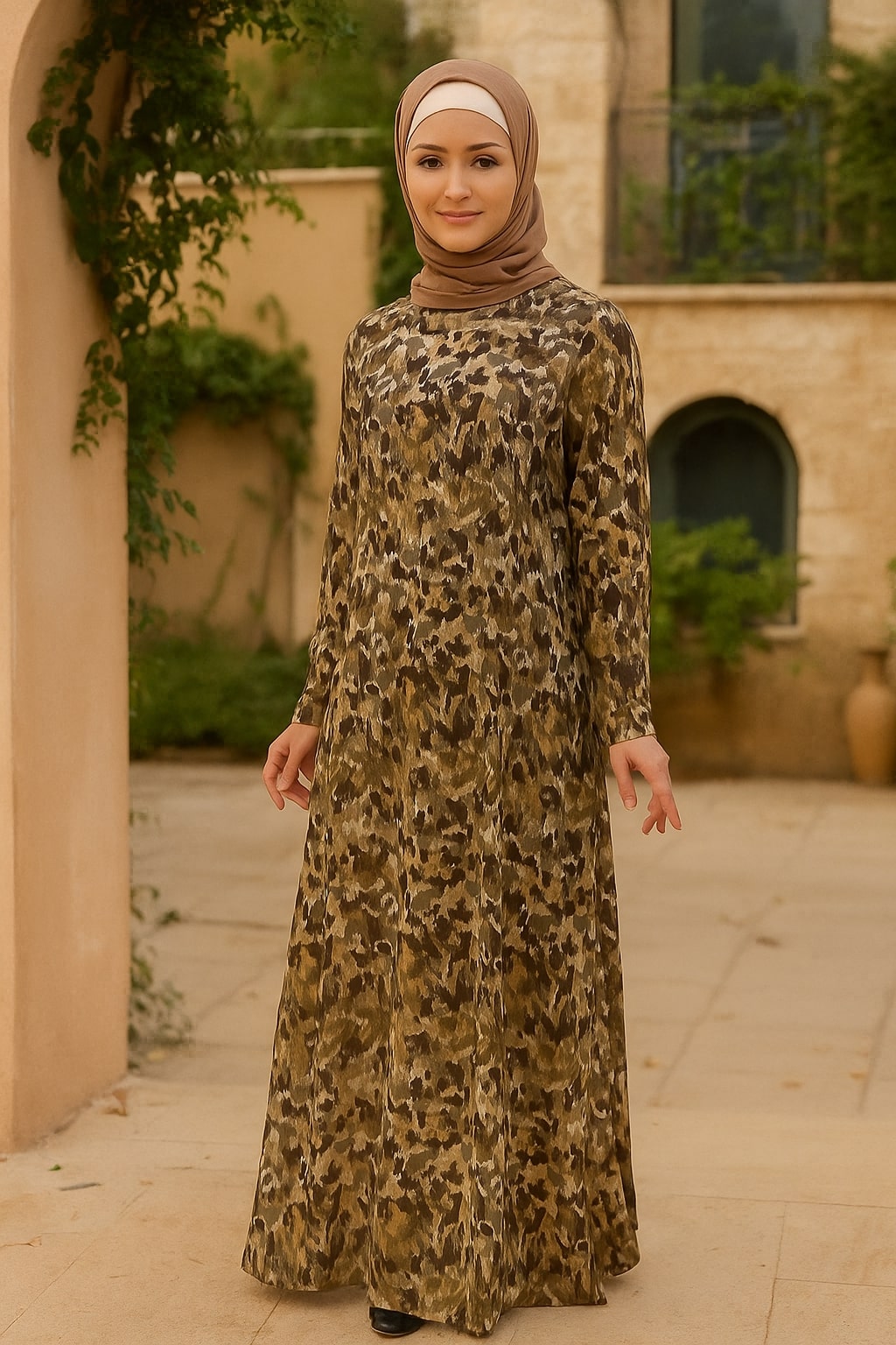 Woman wearing a leopard print dress and hijab in an outdoor setting