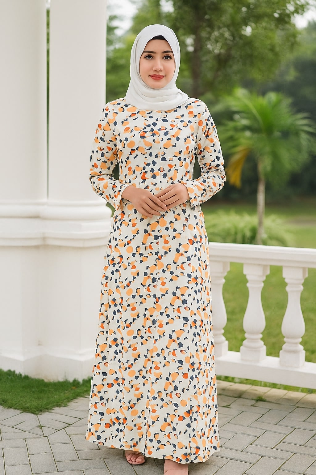 Woman wearing a floral dress with a hijab standing outdoors.