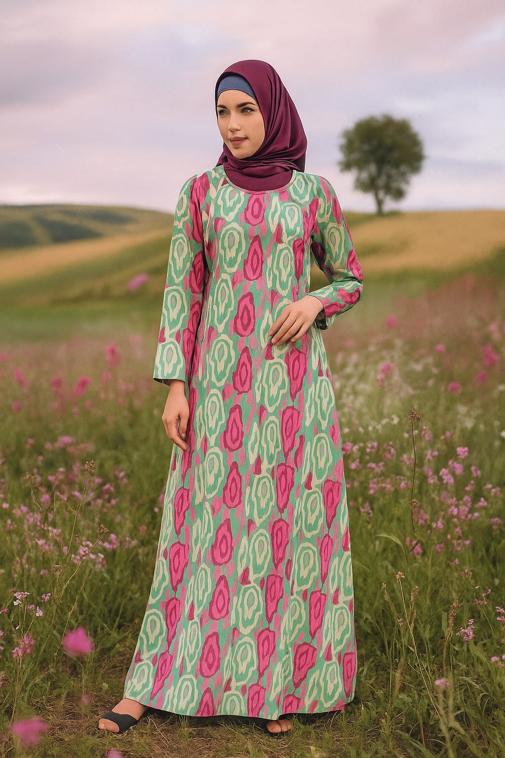 Woman in a green and pink patterned dress standing in a field with pink flowers and green hills.
