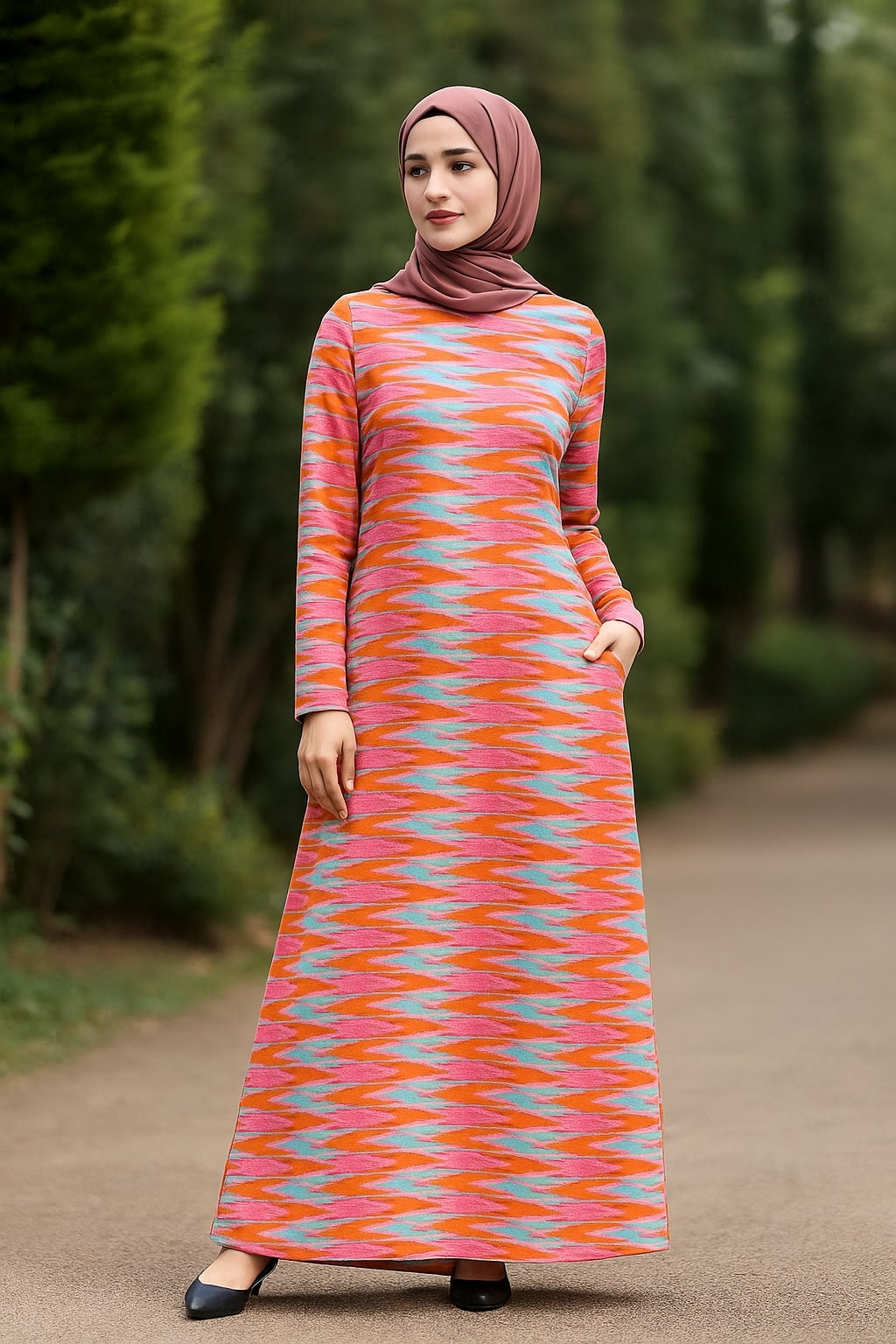Woman wearing a colorful patterned dress and hijab standing outdoors with greenery in the background