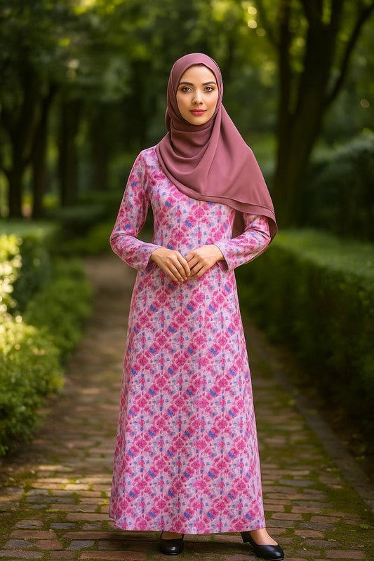 Woman in a pink patterned dress and hijab standing in a garden.