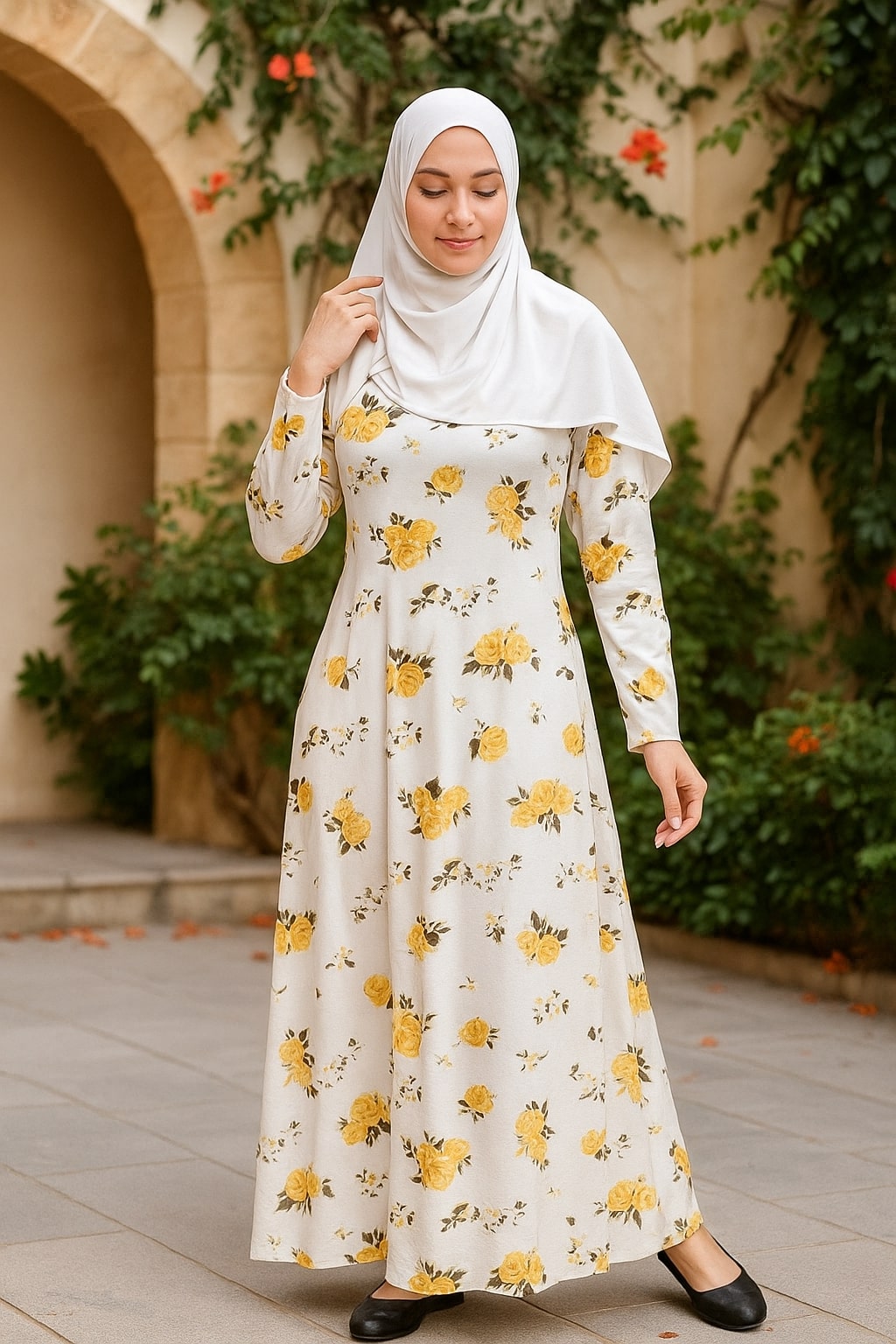 Woman wearing a floral dress with a hijab in an outdoor setting