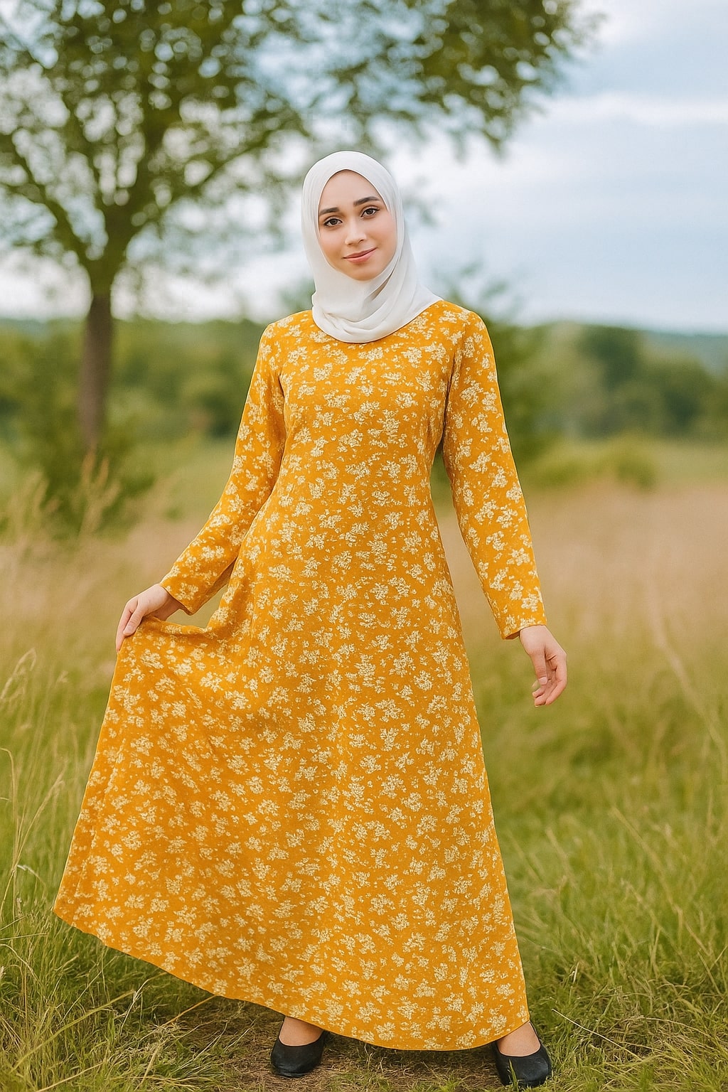 Woman in a yellow floral dress standing in a grassy field with trees in the background