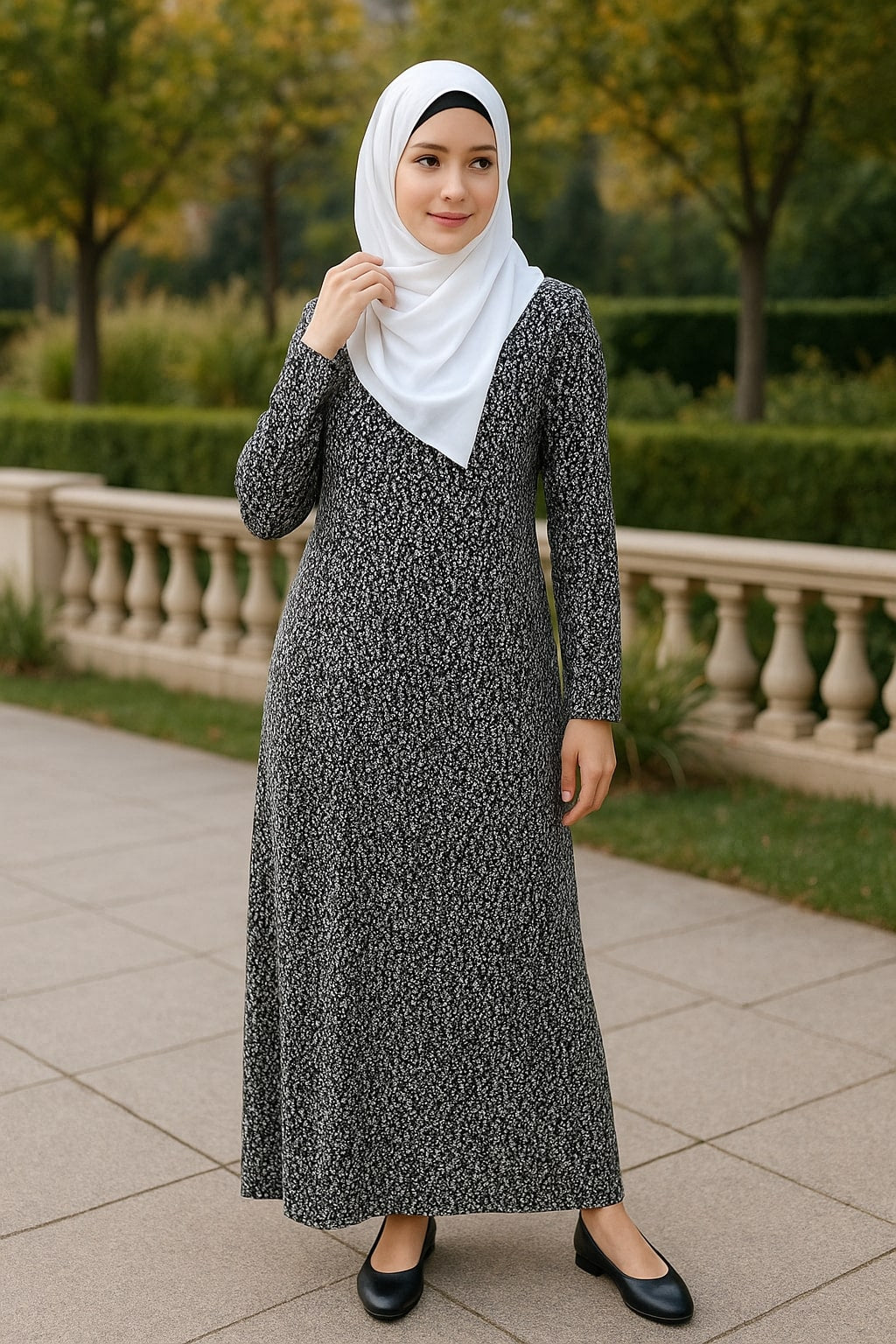 Woman wearing a long black and white patterned dress with a hijab outdoors.