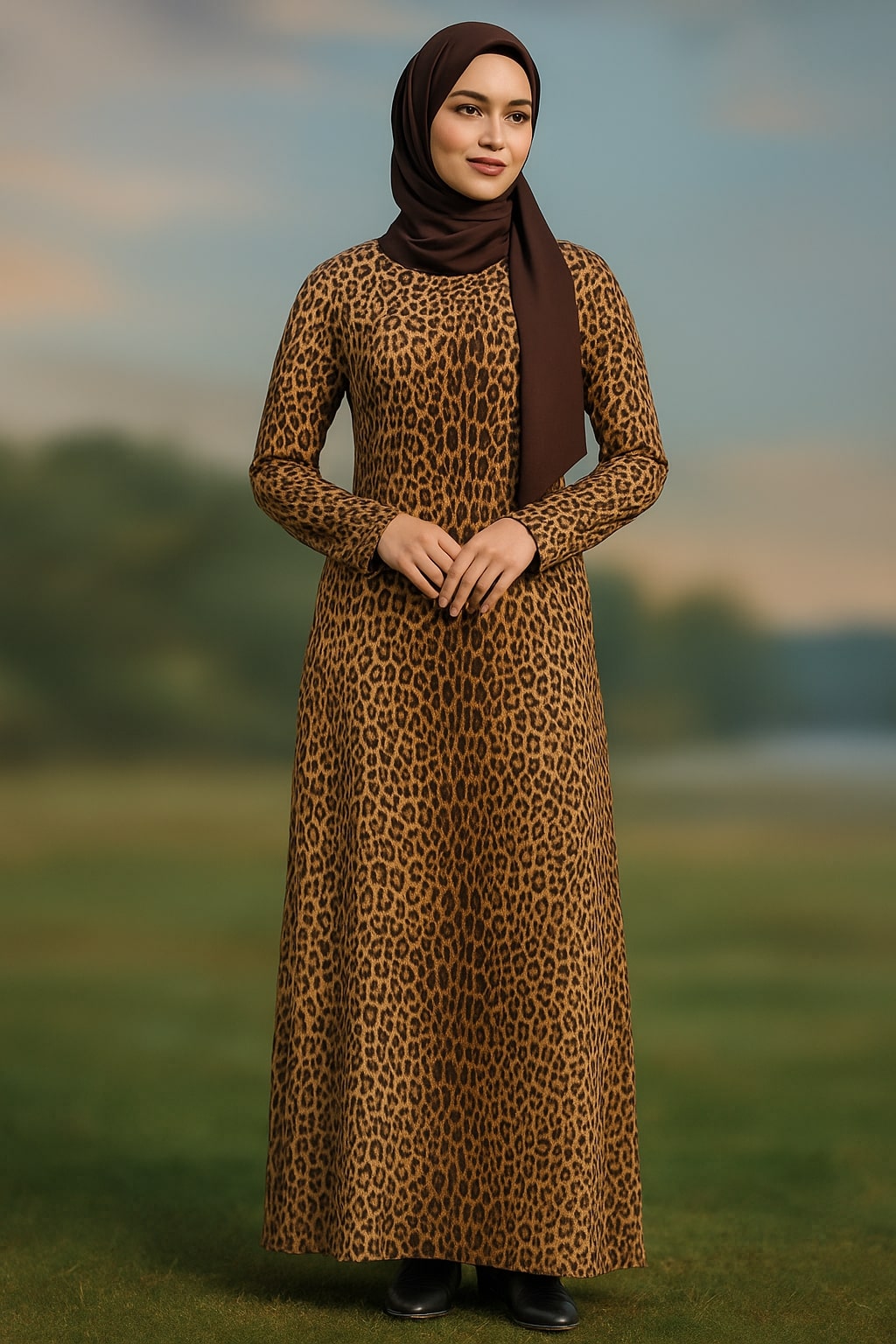 Woman wearing a leopard print dress and brown hijab standing in a field.