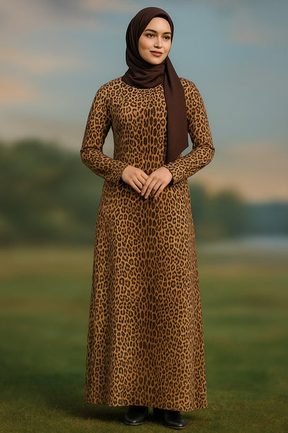 Woman wearing a leopard print dress and brown hijab standing in a field.