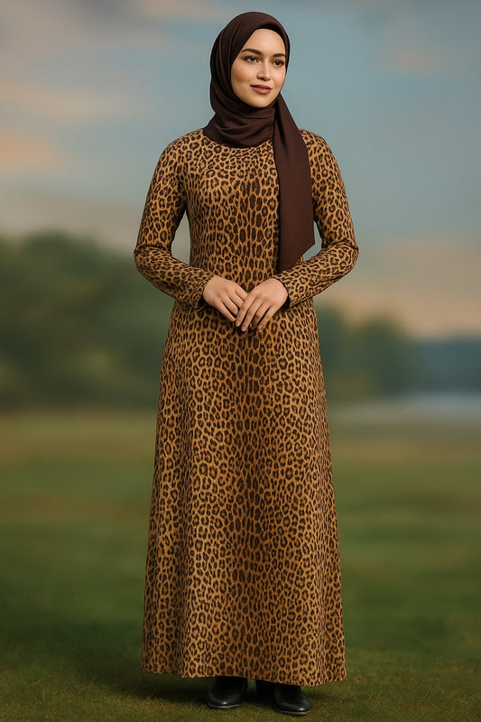 Woman wearing a leopard print dress and brown hijab standing in a field.