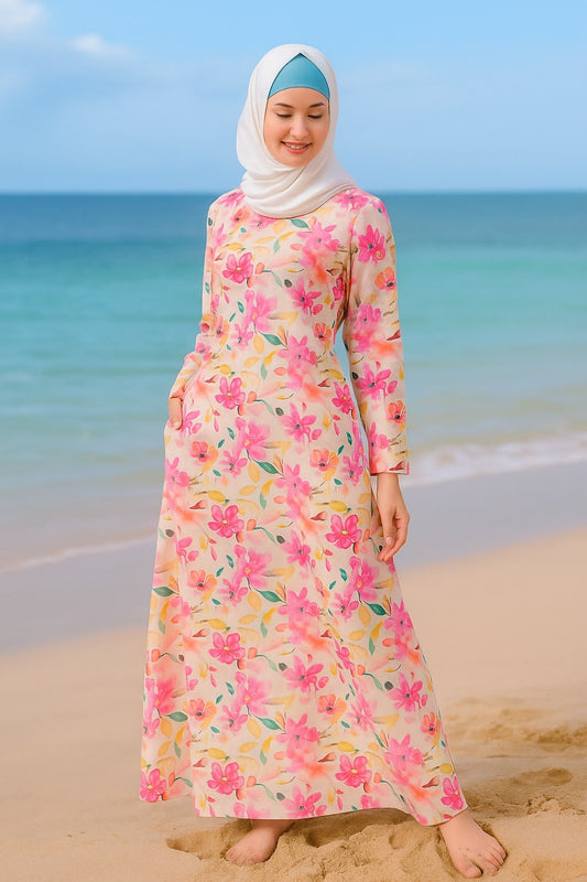 Woman in a floral dress standing on a beach with ocean in the background