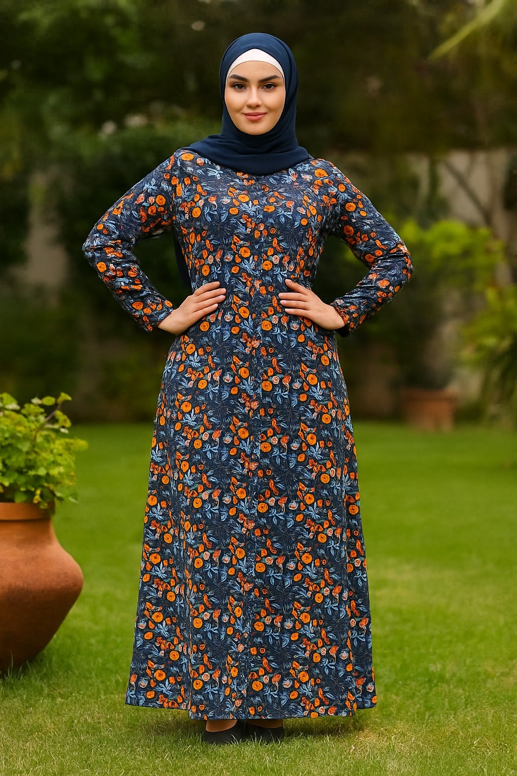 Woman wearing a blue floral dress with orange flowers standing outdoors on grass.