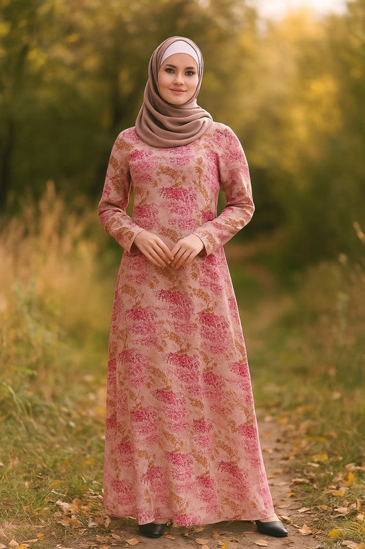 Woman in a floral dress and hijab standing in a natural setting with trees and grass.
