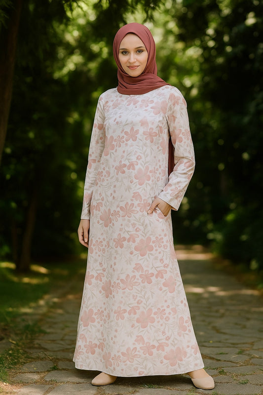 Woman wearing a floral dress and hijab standing outdoors with greenery in the background