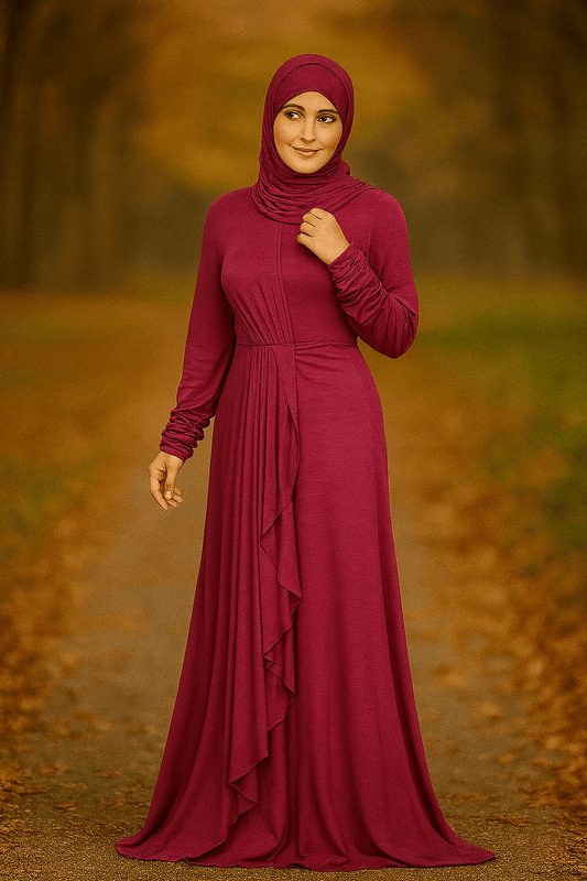 Woman wearing a long burgundy dress with a hijab in an outdoor setting