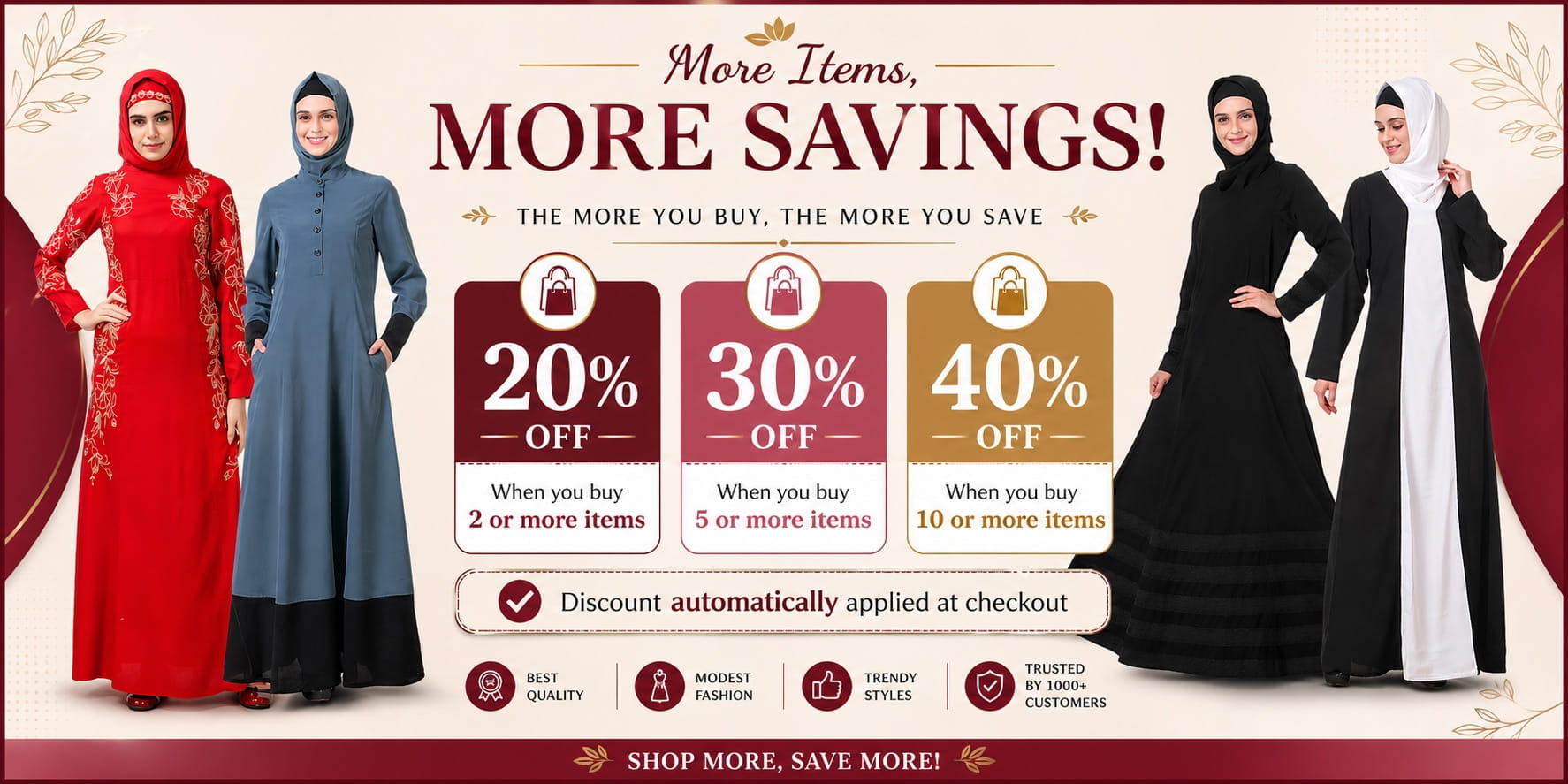 Promotional banner for clothing items with discounts and models wearing different outfits.