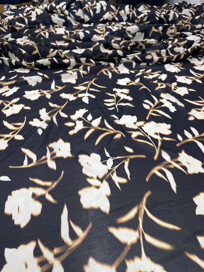 Printed Georgette Polyester Fabric, Woven, 70 GSM, Breathable, 42" Wide, Per Yard, AYG-073, Black Floral Print