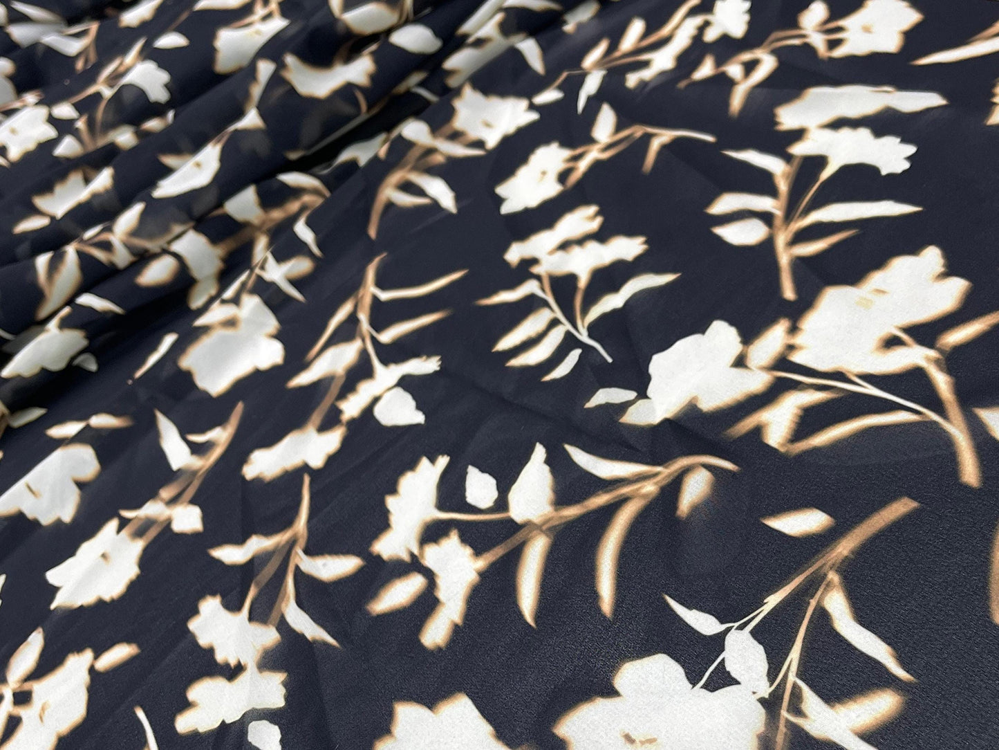 Printed Georgette Polyester Fabric, Woven, 70 GSM, Breathable, 42" Wide, Per Yard, AYG-073, Black Floral Print