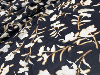 Printed Georgette Polyester Fabric, Woven, 70 GSM, Breathable, 42" Wide, Per Yard, AYG-073, Black Floral Print