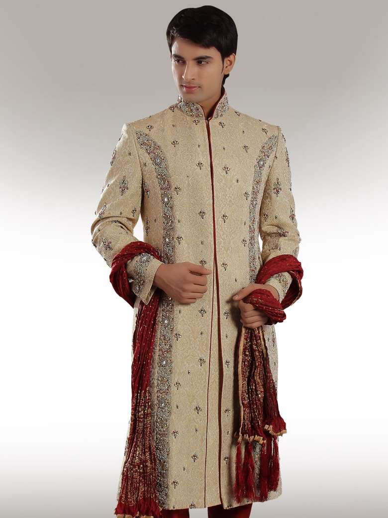 Designer Beige Brocade Silk Sherwani