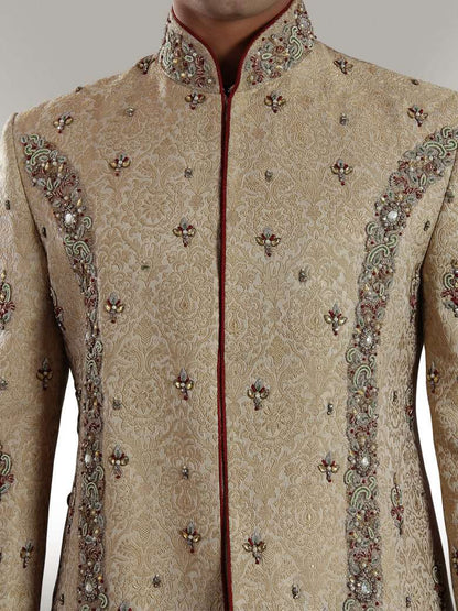 Designer Beige Brocade Silk Sherwani