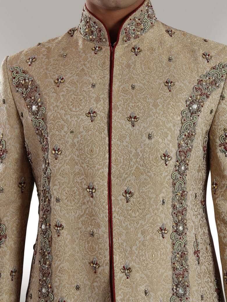 Designer Beige Brocade Silk Sherwani