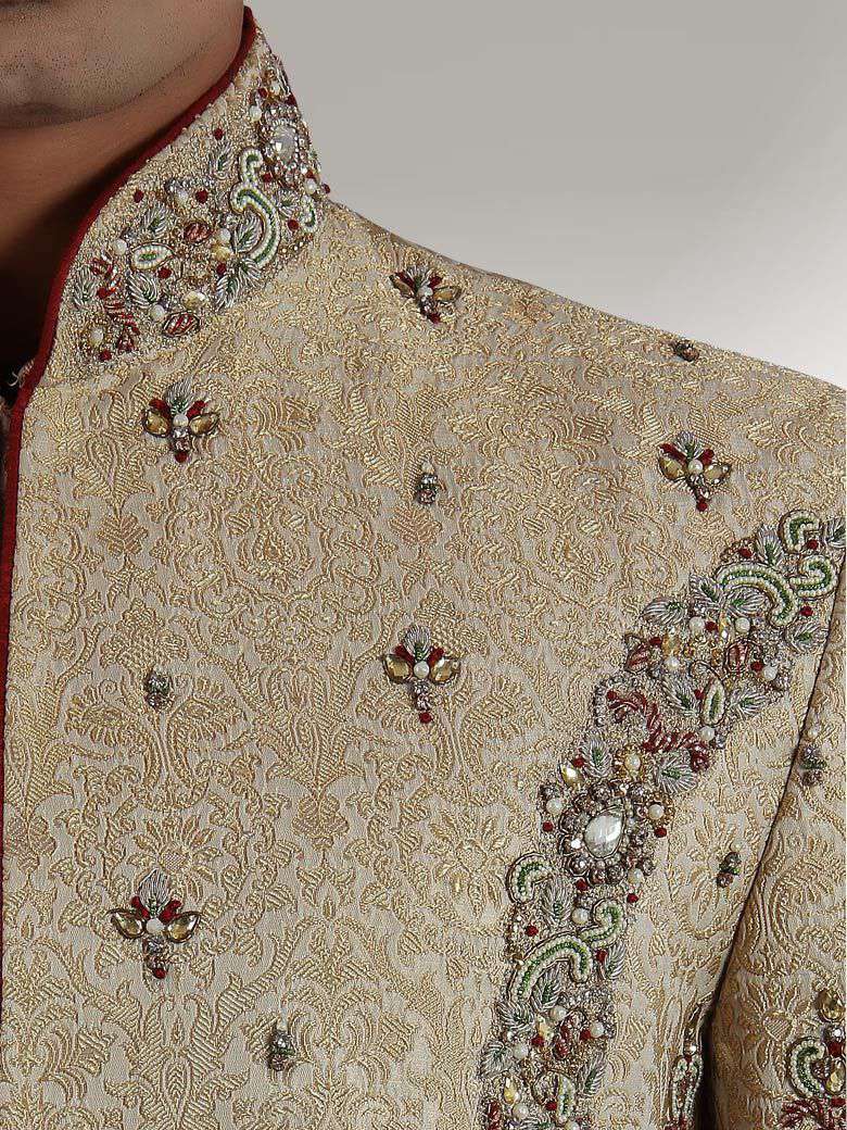 Designer Beige Brocade Silk Sherwani