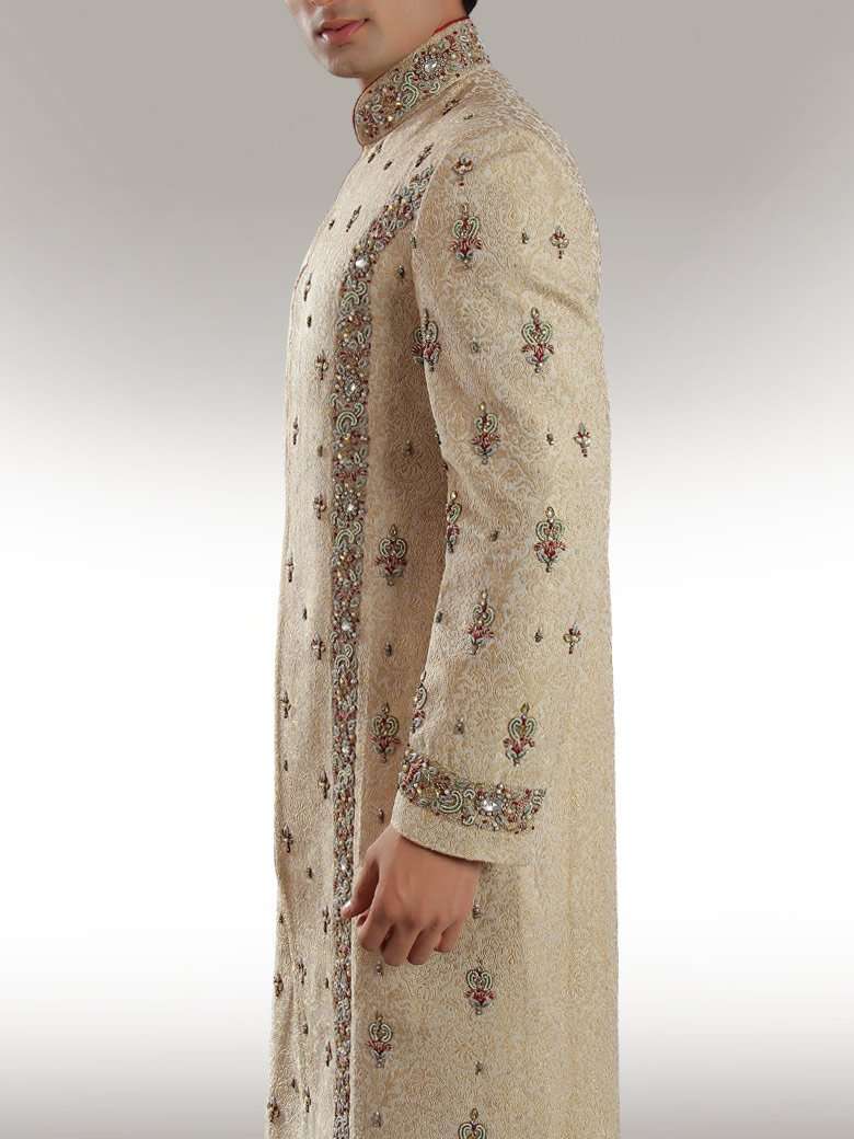 Designer Beige Brocade Silk Sherwani