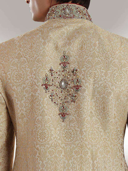 Designer Beige Brocade Silk Sherwani