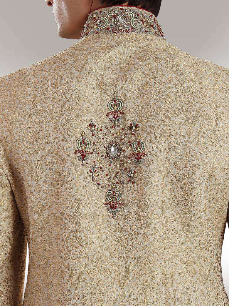 Designer Beige Brocade Silk Sherwani
