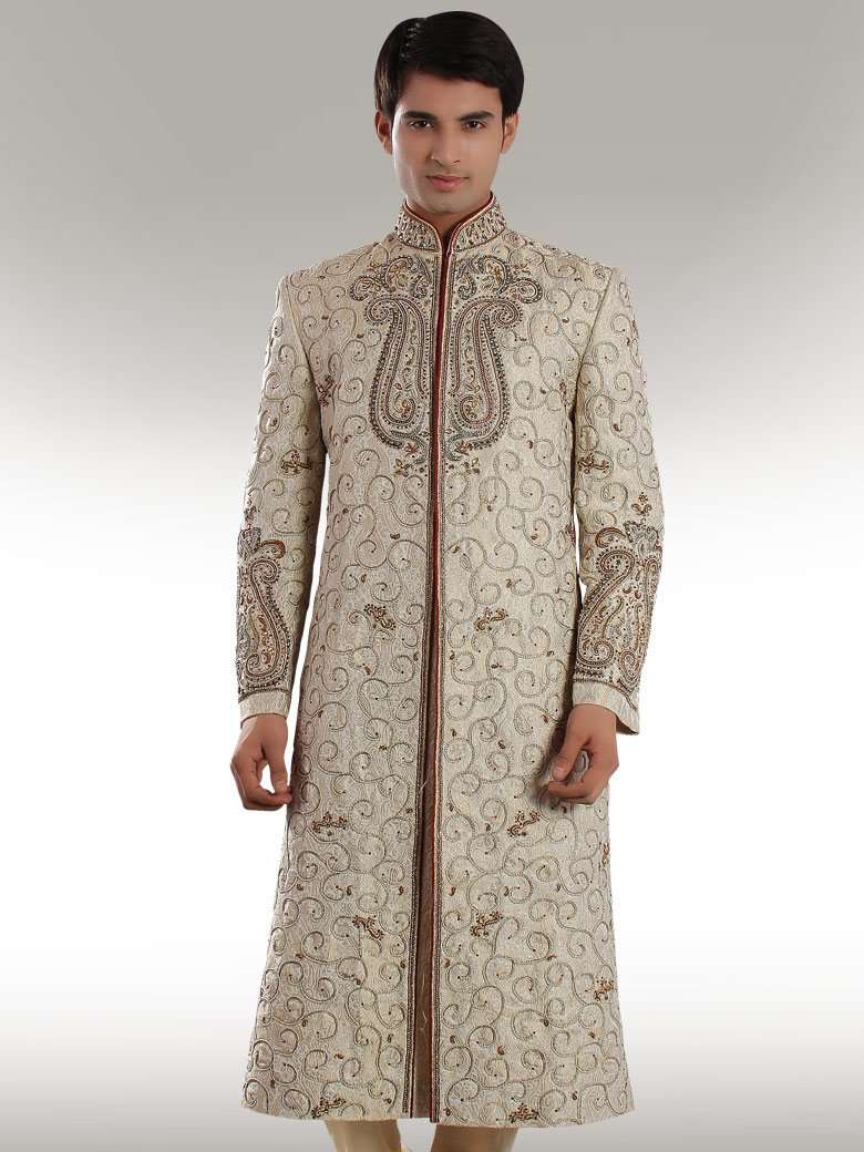 Heavy Embroidered Beige Sherwani