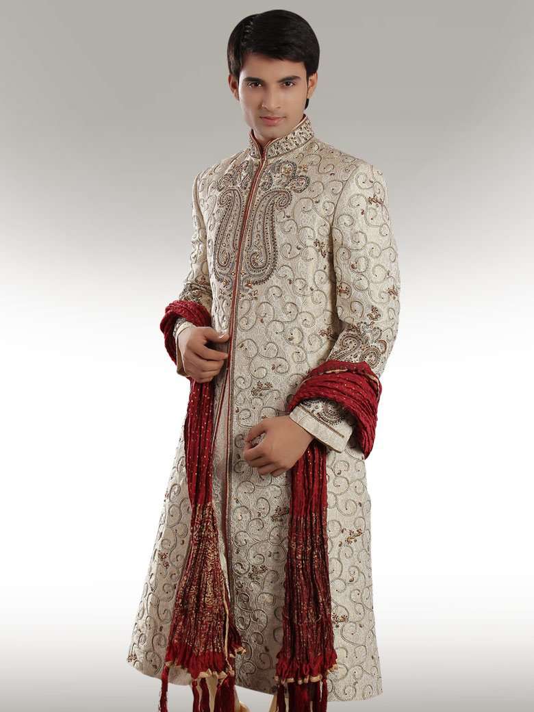 Heavy Embroidered Beige Sherwani